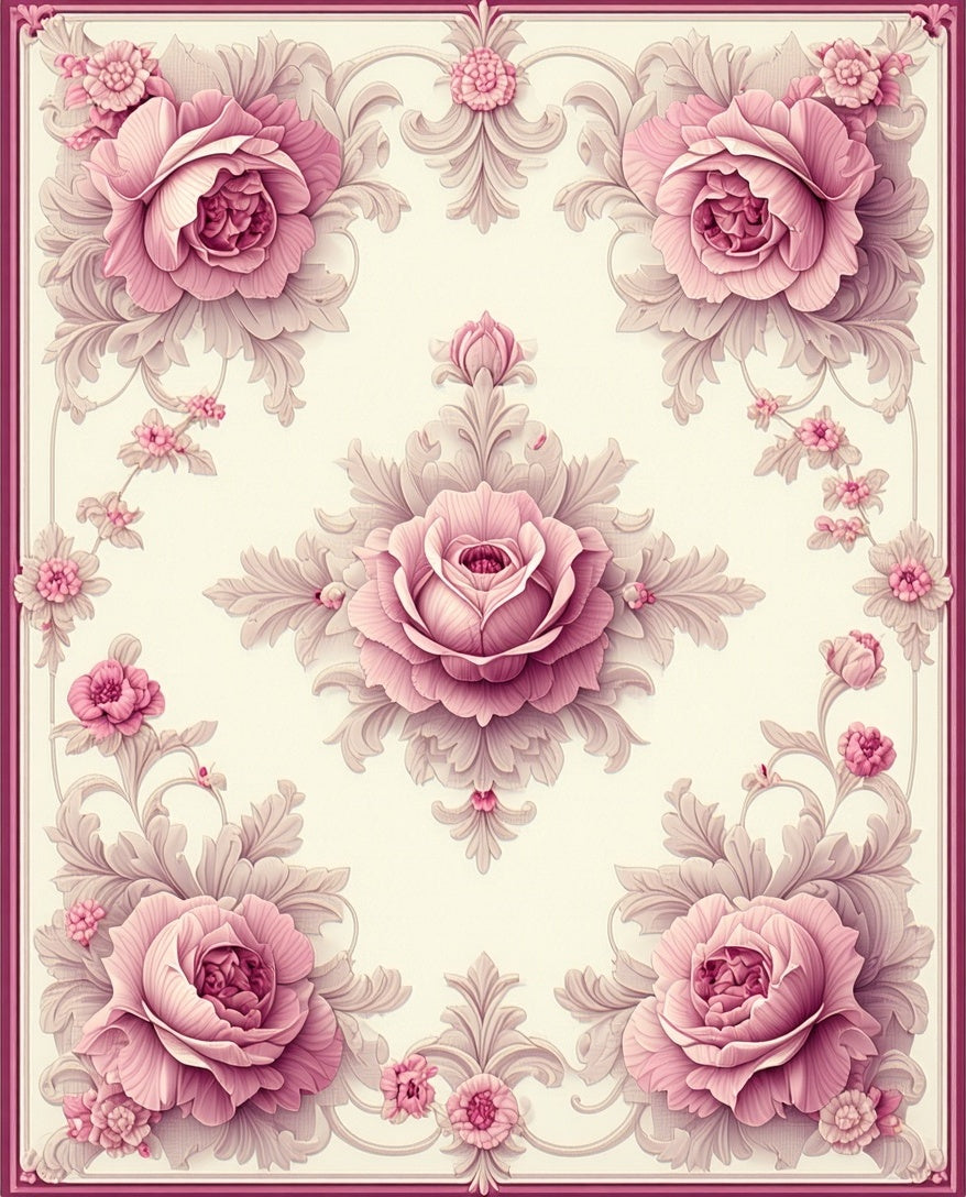 Ornate Floral Scrollwork Rose Design Rug