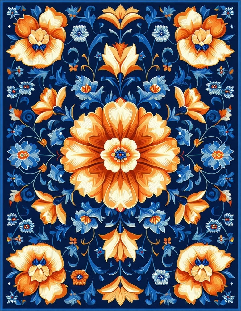 Ornate Floral Blue Orange Pattern Rug
