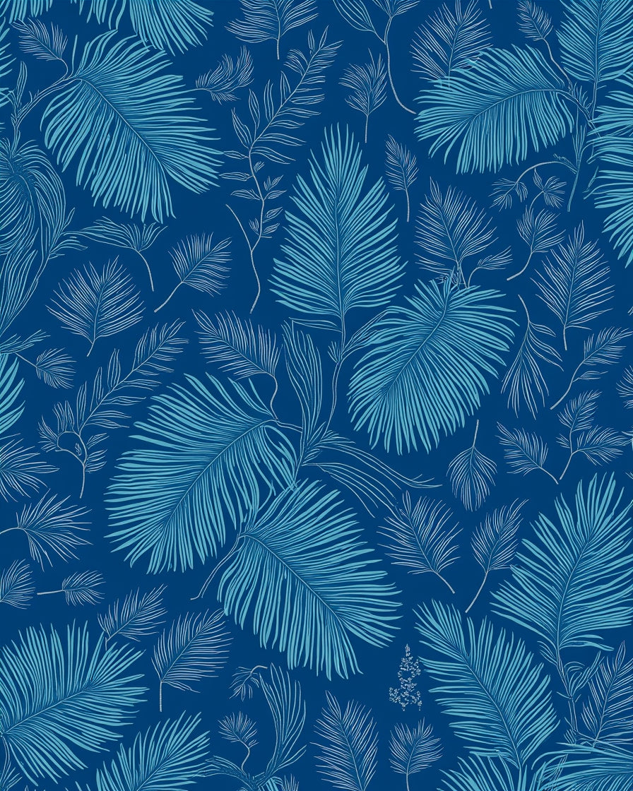 Blue Tropical Palm Leaf Pattern Rug