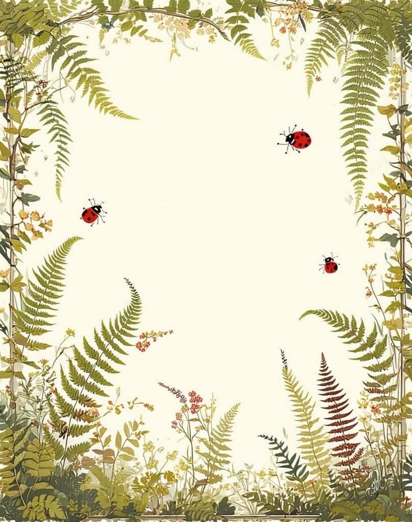 Whimsical Ladybug Fern Border Design Rug