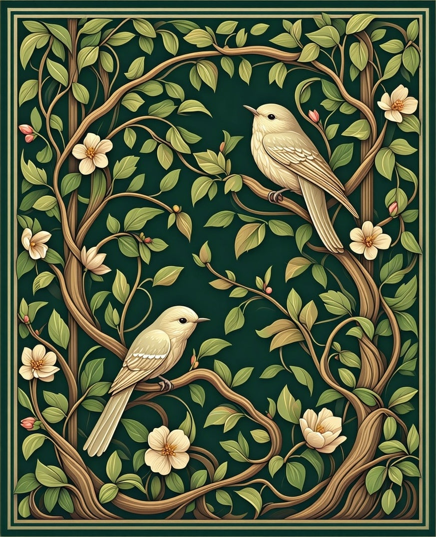 Enchanting Birds Floral Vine Pattern Rug
