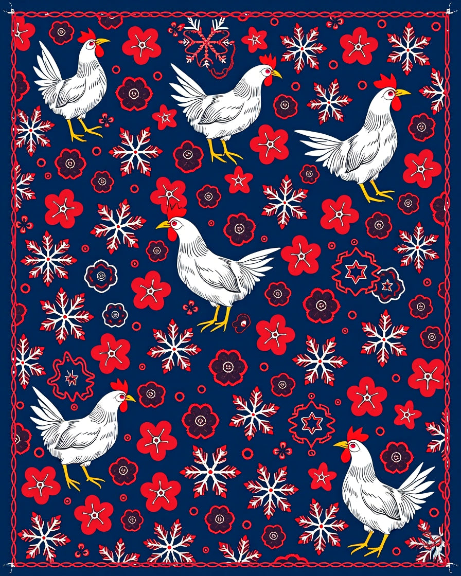 White Chicken Red Floral Snowflake Mix Rug