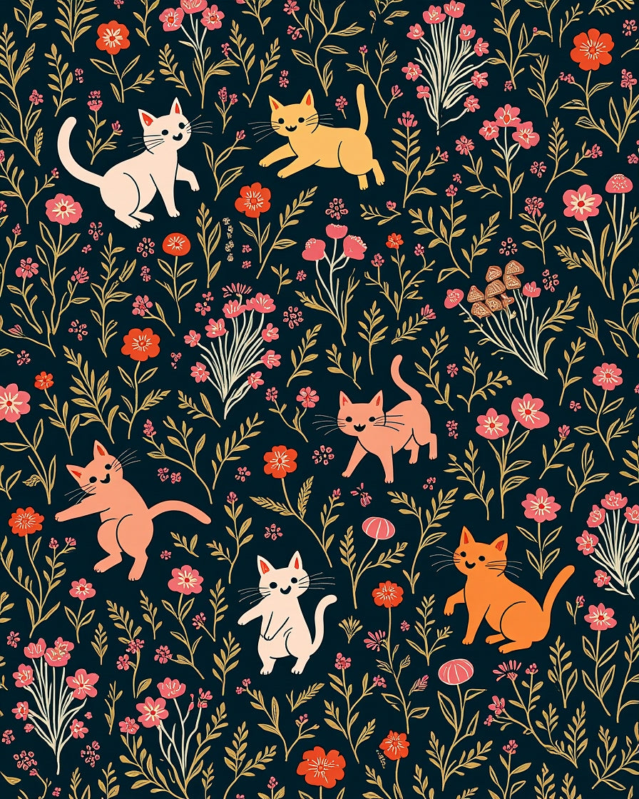 Playful Cats Among Floral Garden Rug