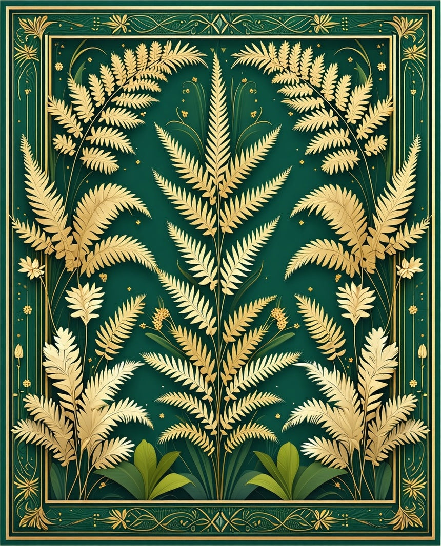 Elegant Gold Fern Botanical Art Rug