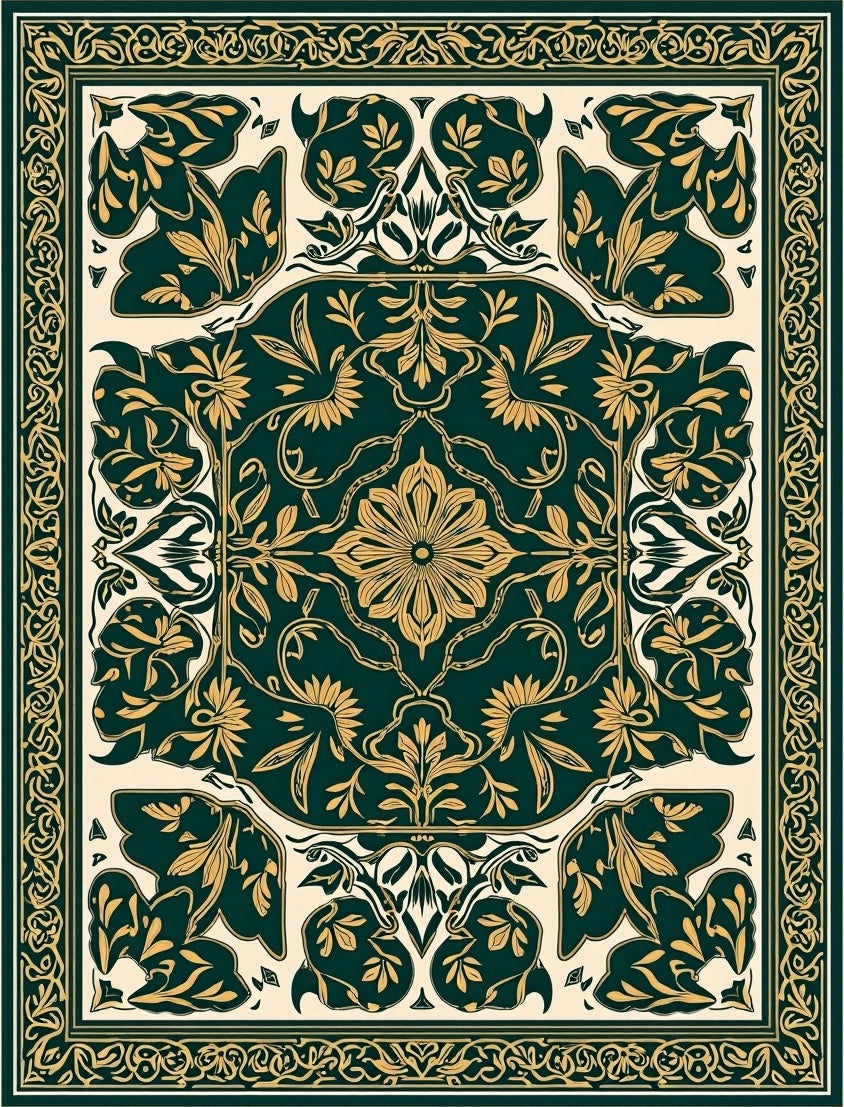 Dark Green Golden Floral Medallion Rug