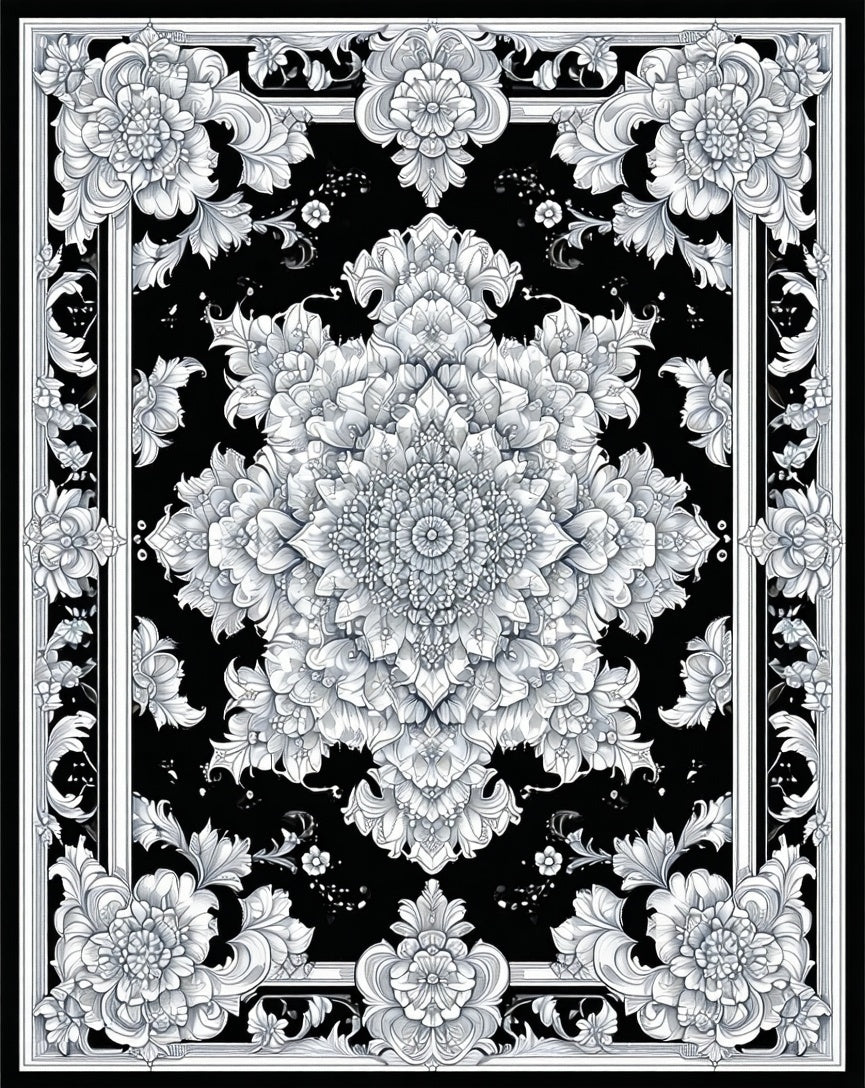 Ornate Floral Mandala Black White Rug