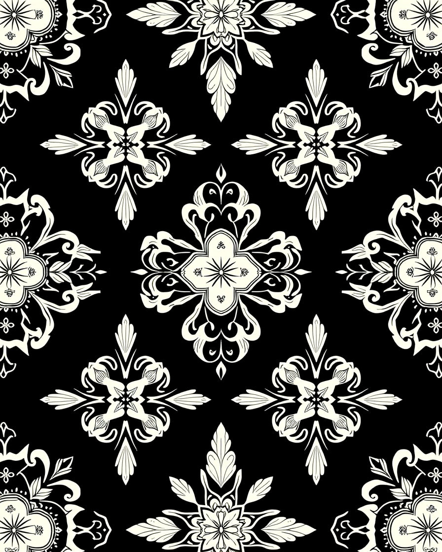 Black White Symmetric Floral Pattern Rug