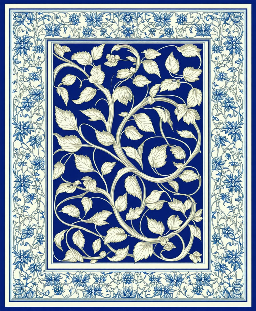 Ornate Blue White Floral Vine Medallion Rug
