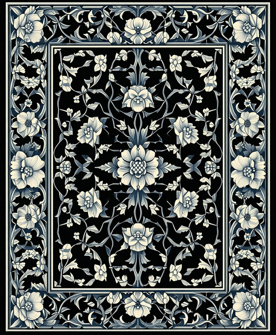 Intricate Floral Scroll Dark Pattern Rug