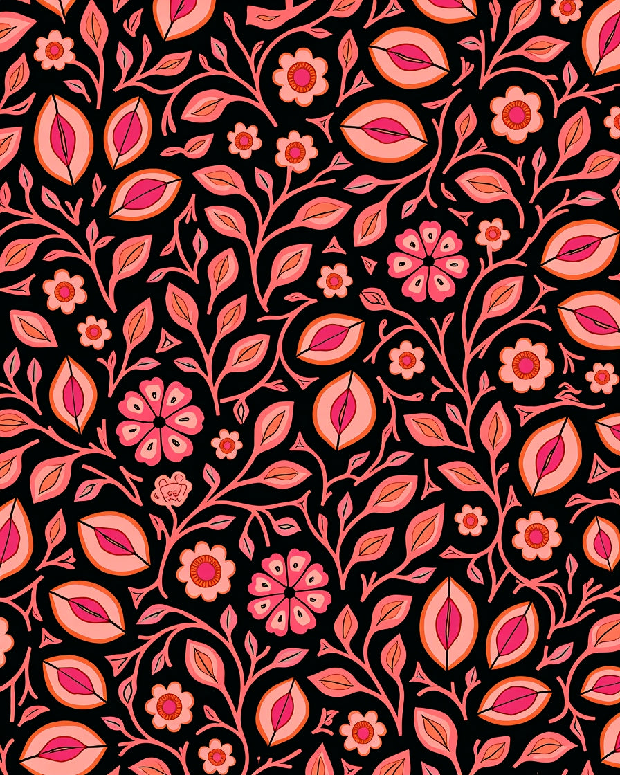 Pink Floral Leaf Vine Pattern Rug