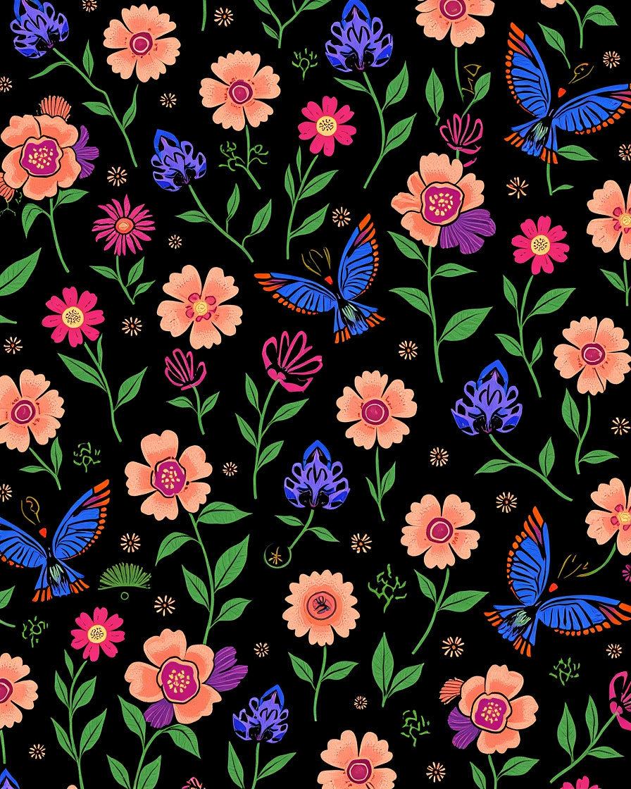 Bright Floral Butterfly Pattern Rug