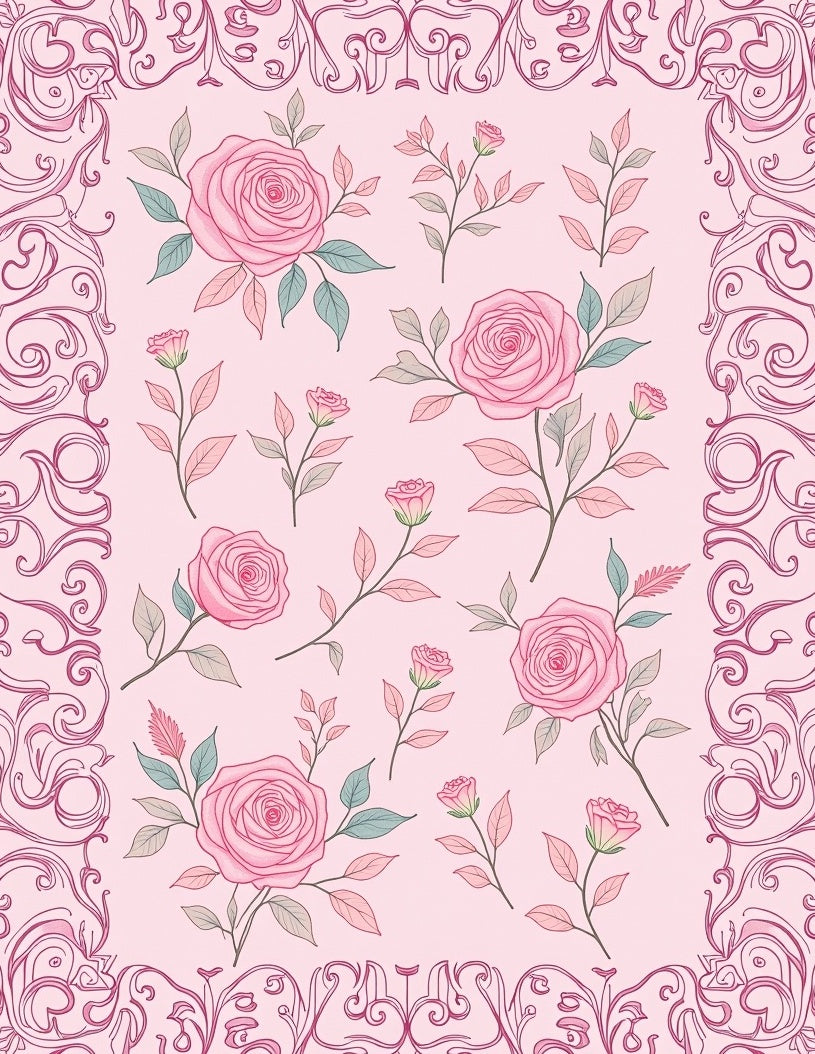 Pastel Pink Rose Floral Border Rug