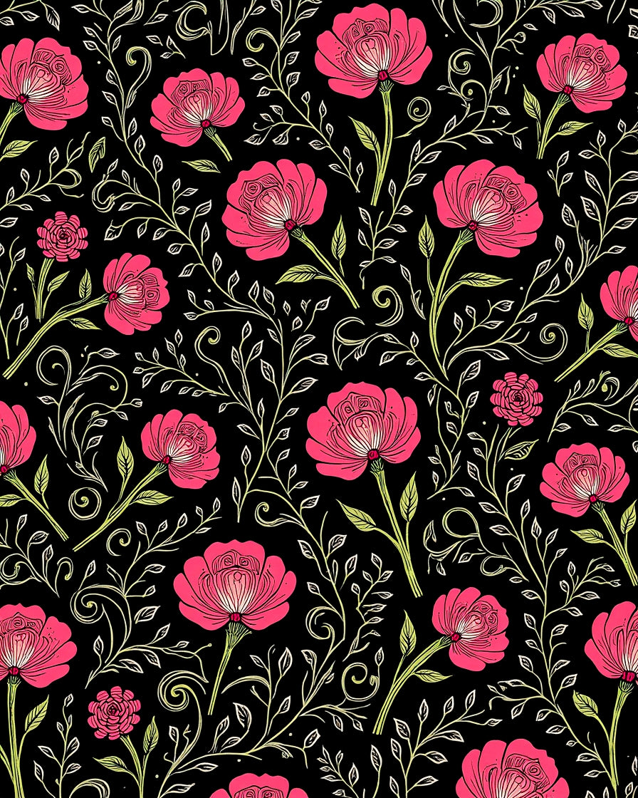 Pink Floral Vine Patterned Rug