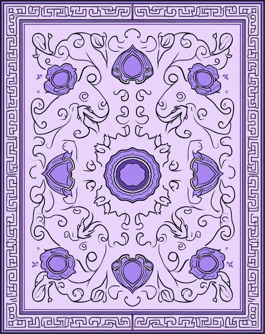 Purple Floral Scrollwork Geometric Border Rug