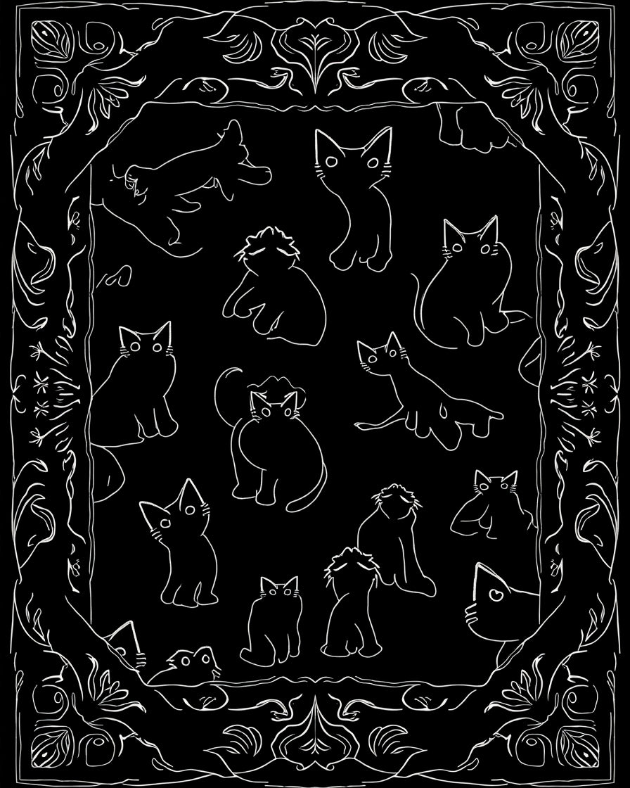 Whimsical Cat Illustrations In Black White Rug