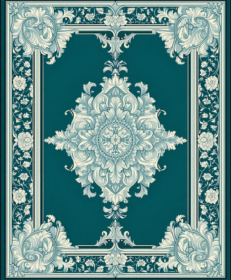 Teal Cream Intricate Floral Frame Rug
