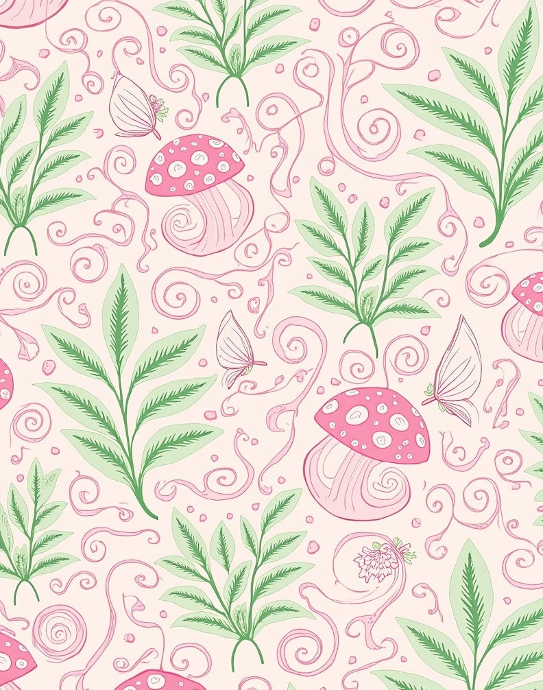 Whimsical Pink Mushroom Leaf Pattern Rug