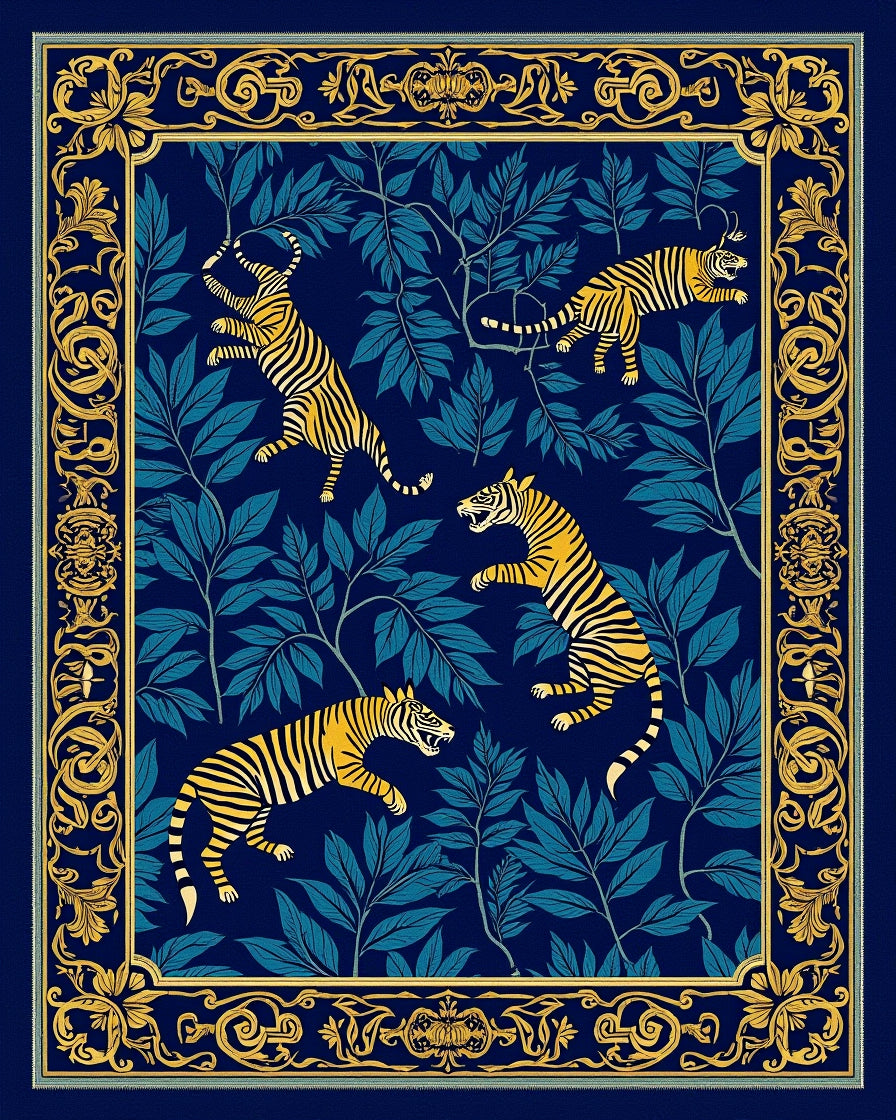 Golden Tiger Jungle Pattern Border Rug