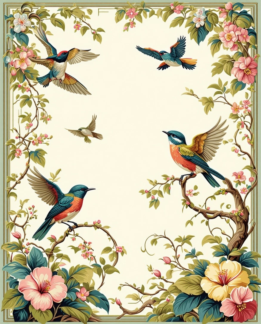Vintage Birds Blossoms Pattern Rug