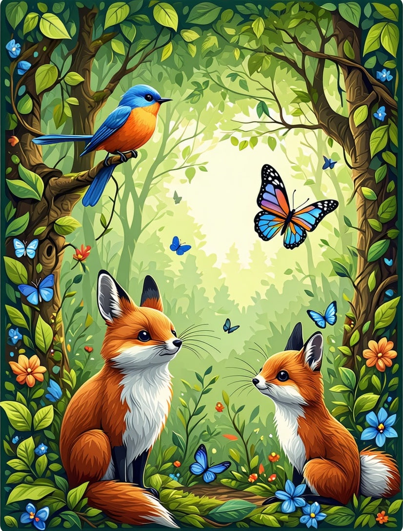 Whimsical Woodland Scene Foxes Butterflies Rug