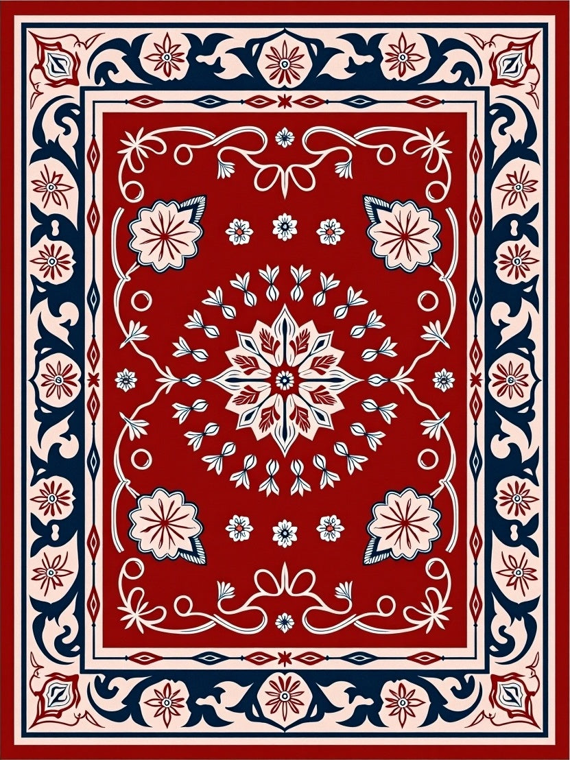 Ornate Floral Motif Bordered Red Rug