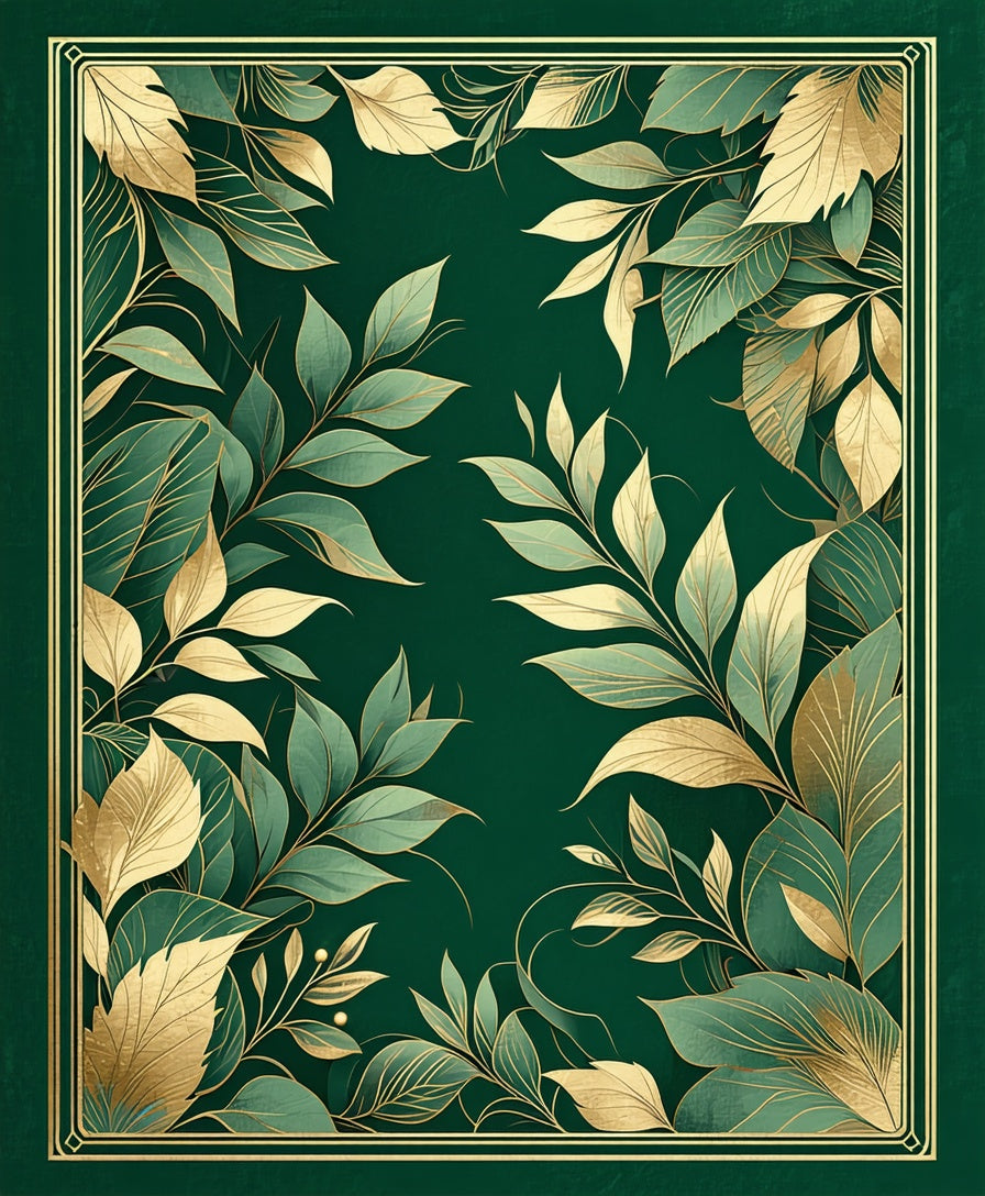 Elegant Green Gold Leaf Design Rug