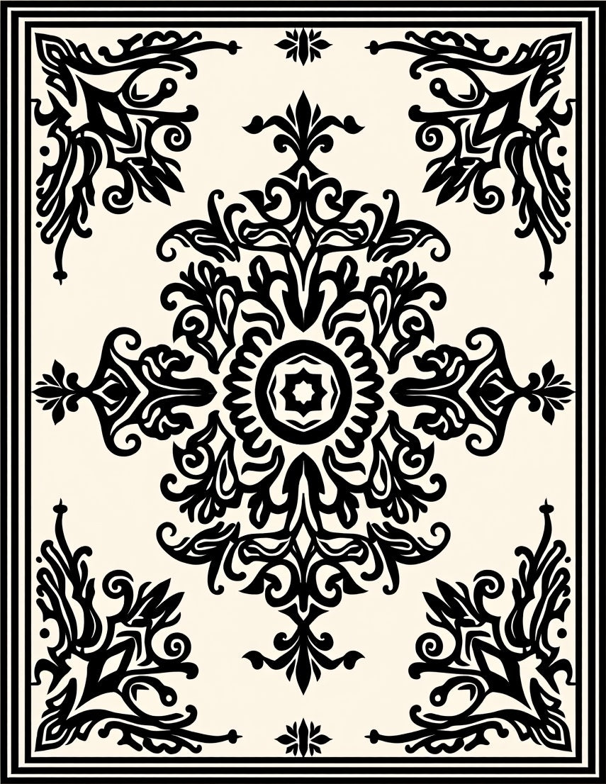 Black Ivory Ornate Floral Damask Rug