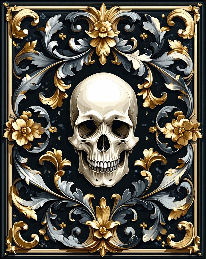 Ornate Skull And Gold Floral Pattern Rug