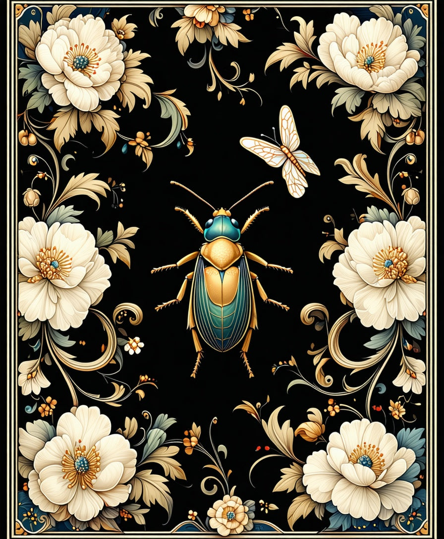 Ornate Floral Insect Pattern Rug