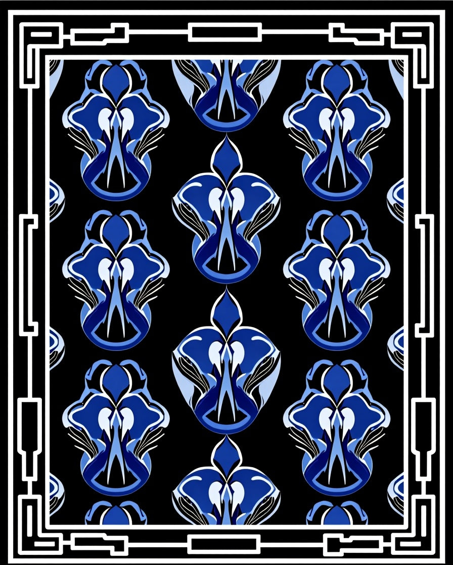 Navy Blue Abstract Orchid Border Design Rug