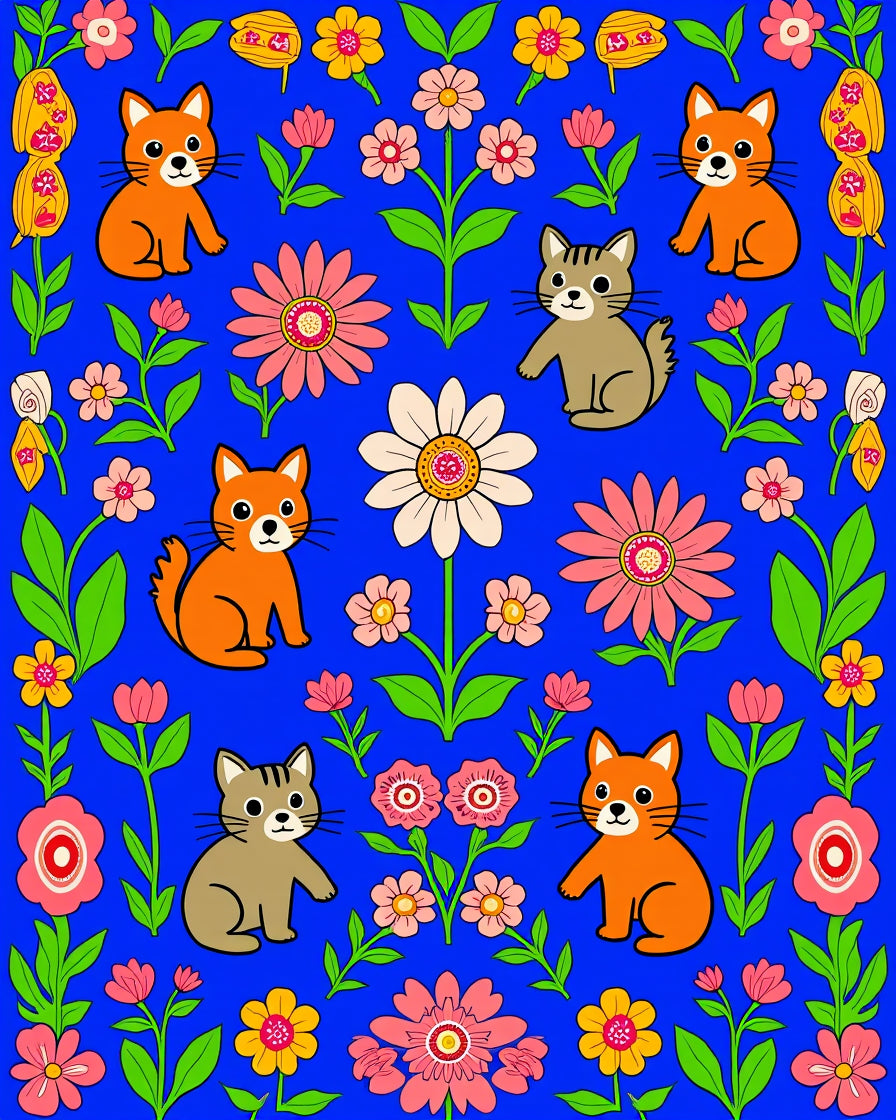 Whimsical Cats Flowers Pattern Rug