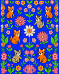 Whimsical Cats Flowers Pattern Rug