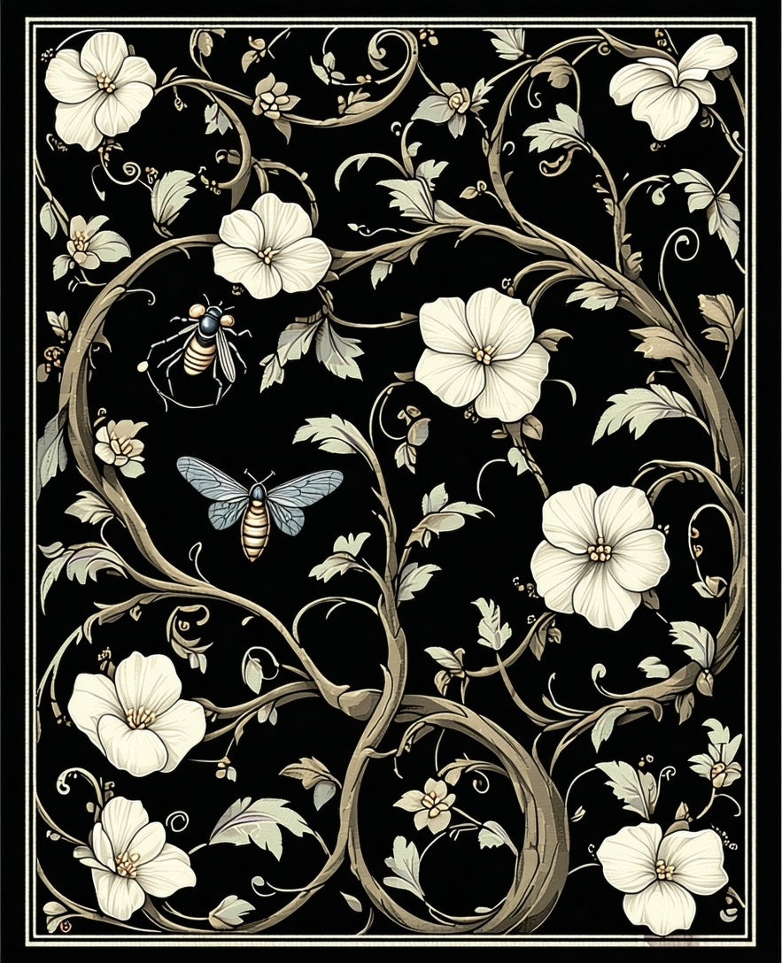 Black Floral Insect Botanical Design Rug