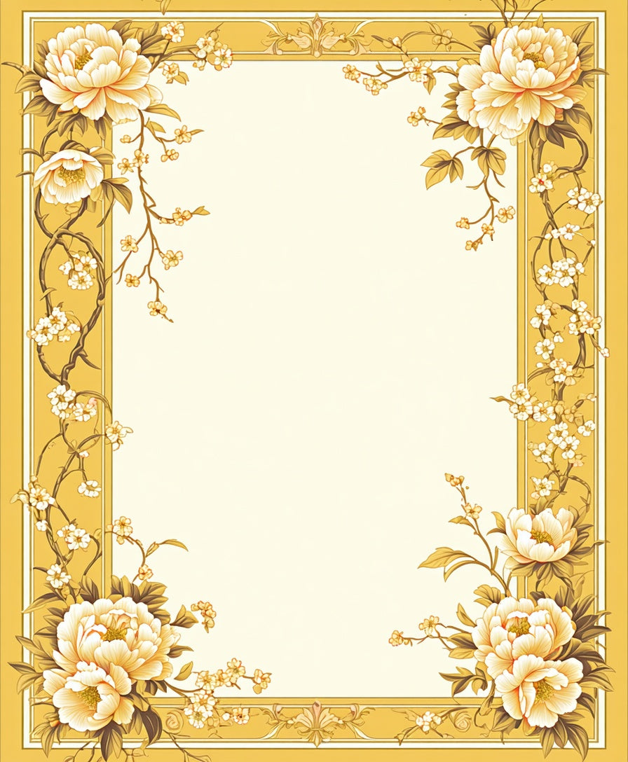 Golden Floral Botanical Border Design Rug