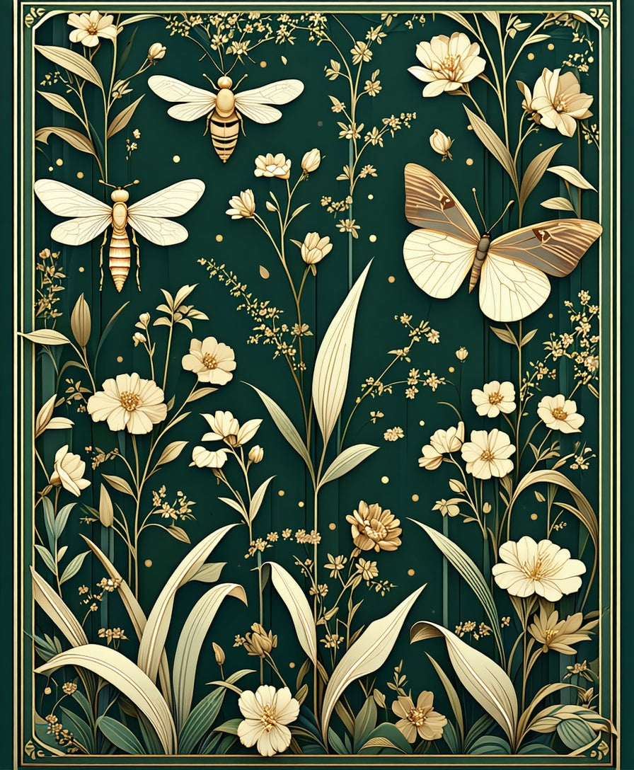 Golden Floral Insect Garden Design Rug
