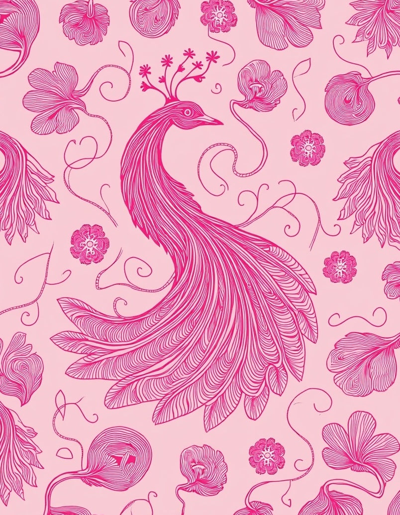 Pink Peacock Floral Line Art Rug
