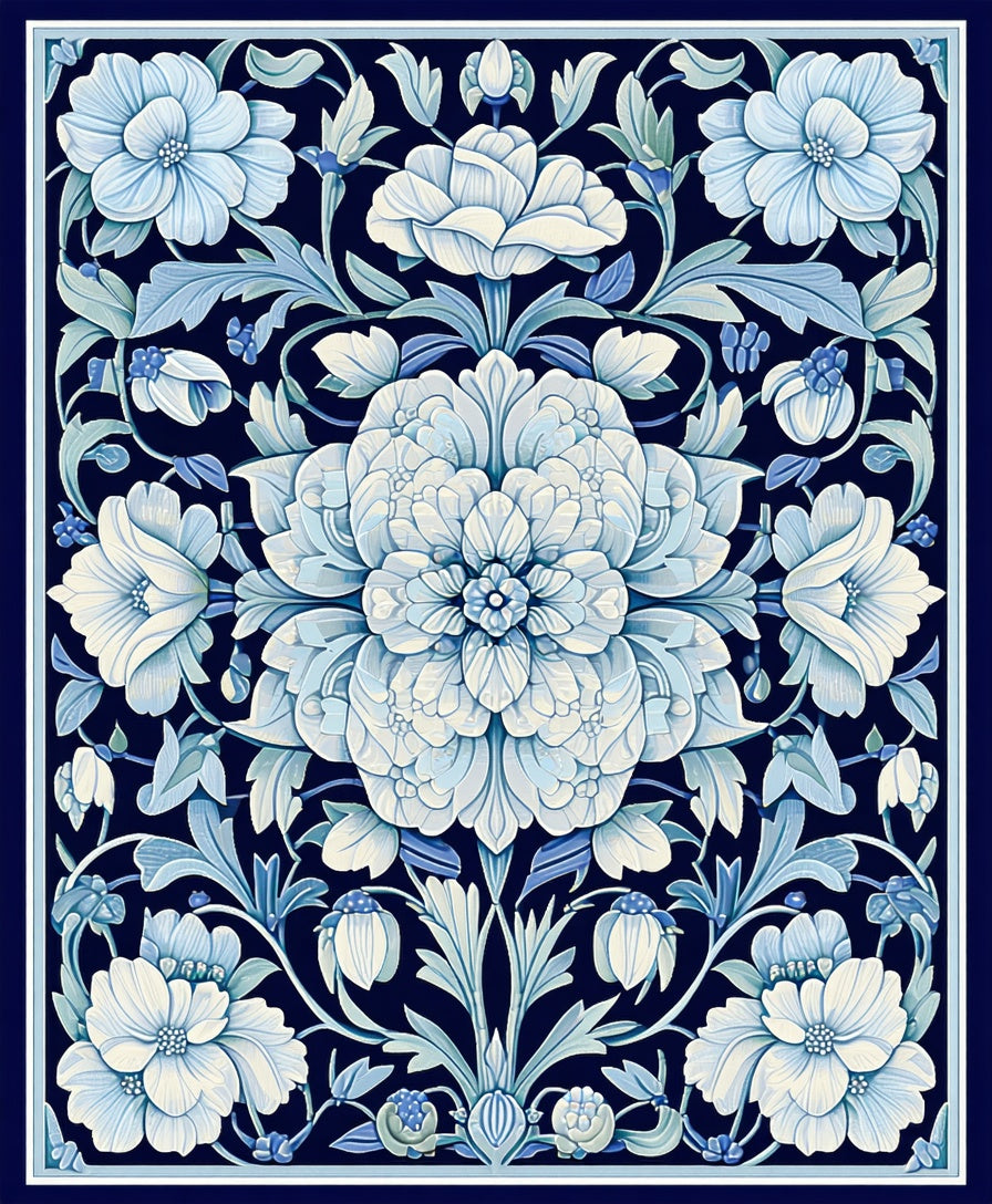 Ornate Blue Floral Art Nouveau Rug