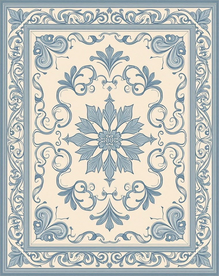 Blue Floral Medallion Scroll Patterned Rug