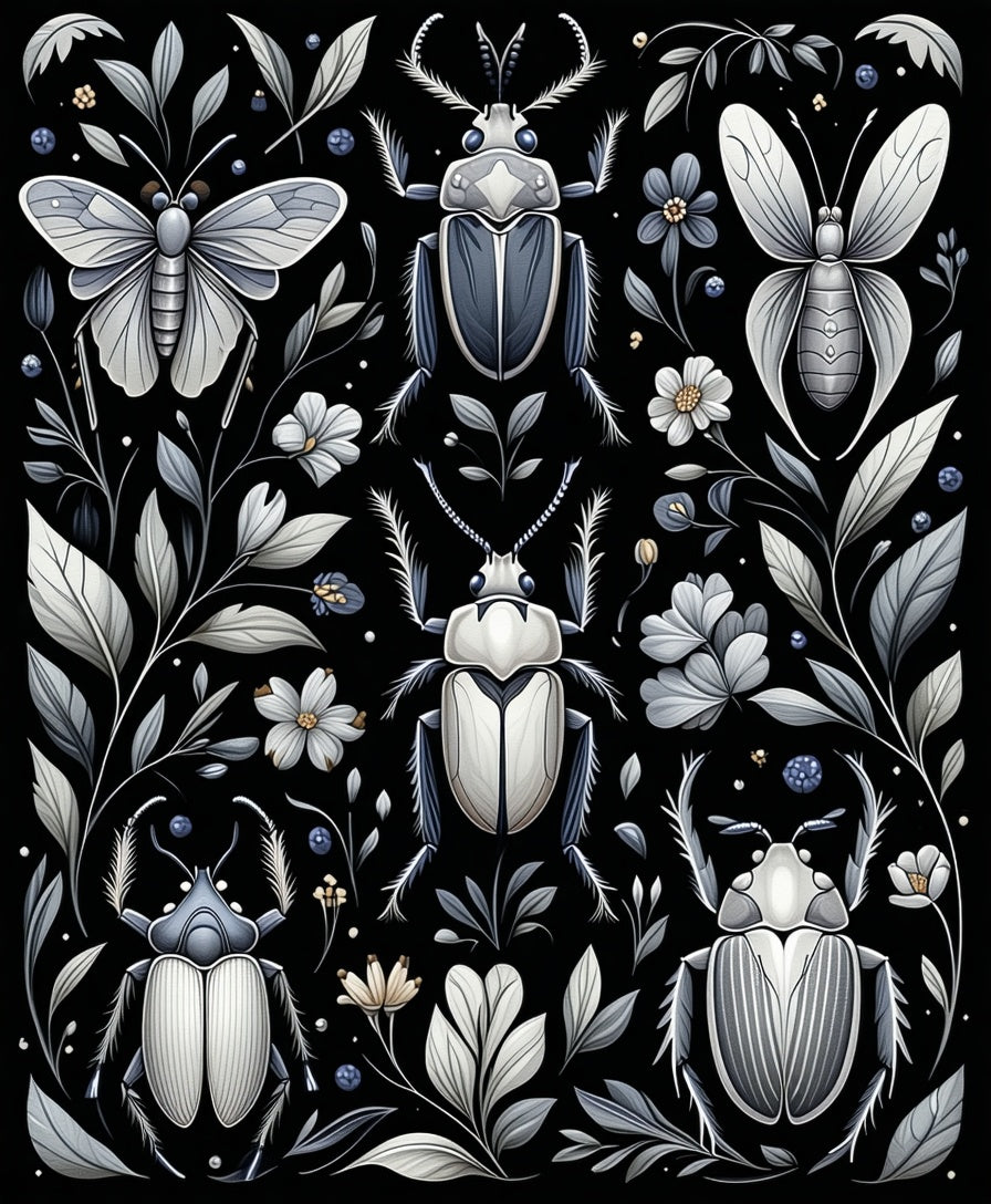 Monochromatic Insects Floral Pattern Rug