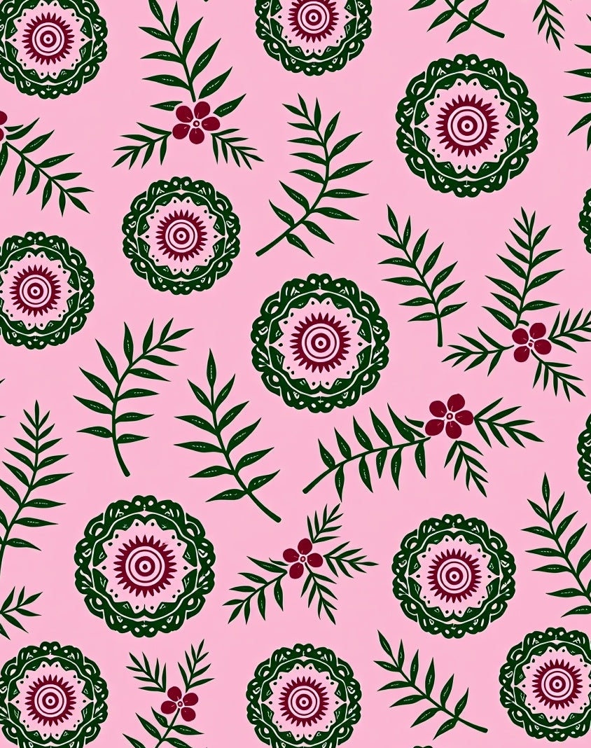 Pink Floral Green Medallion Branches Rug