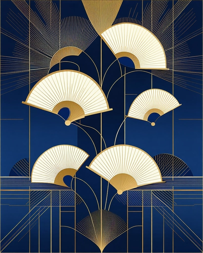Art Deco Gold Fans On Navy Canvas Rug