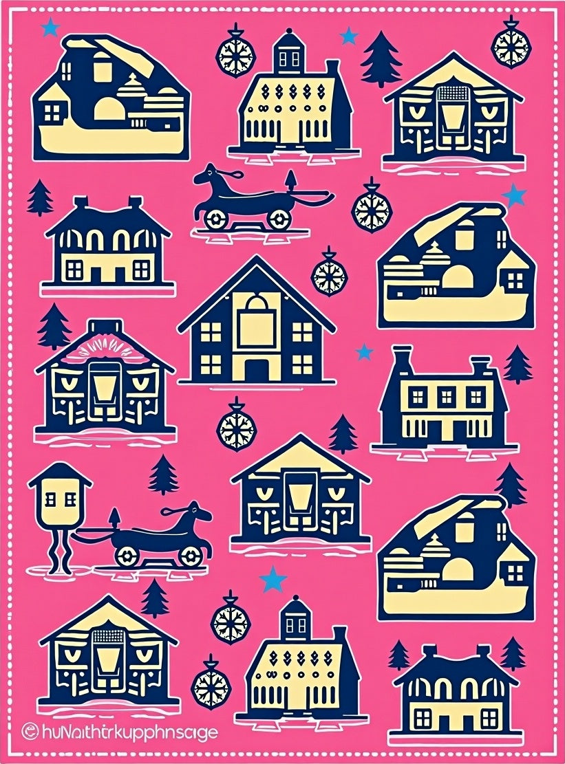 Pink Navy Yellow Village Houses Garland Rug