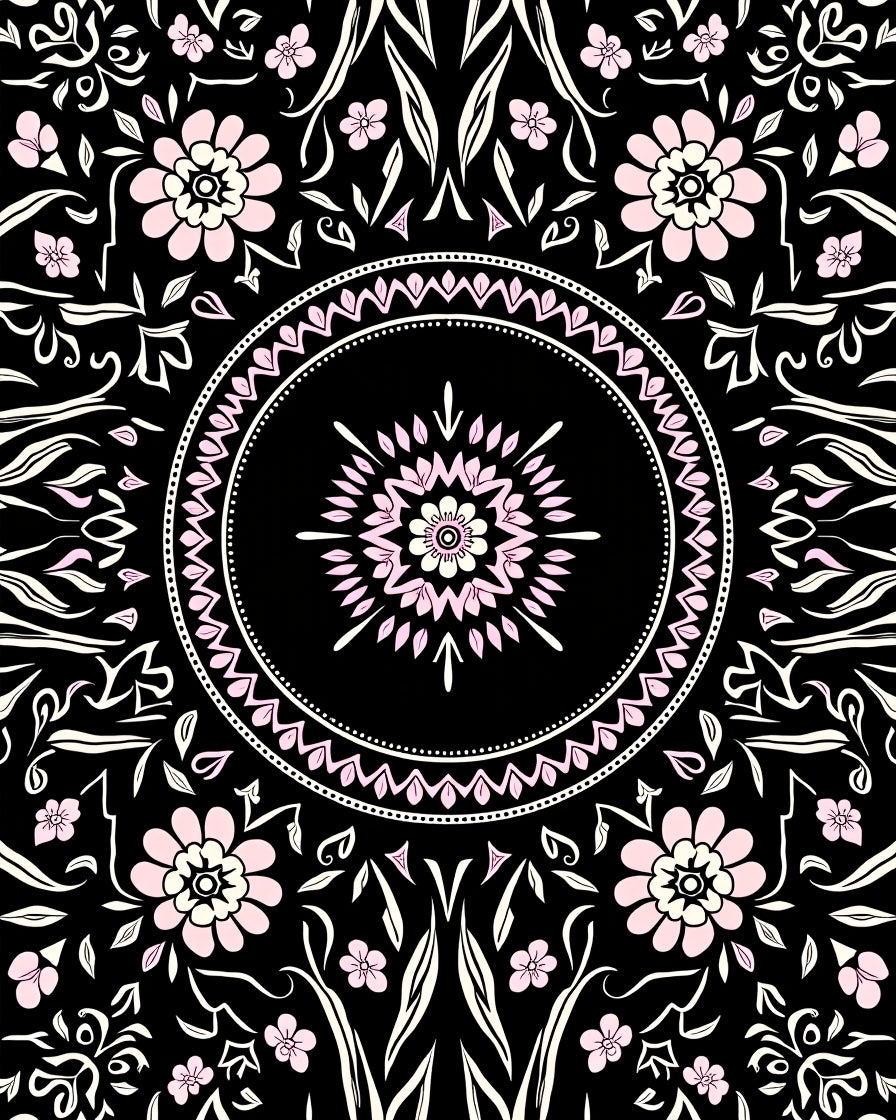 Black Pink Floral Mandala Design Rug