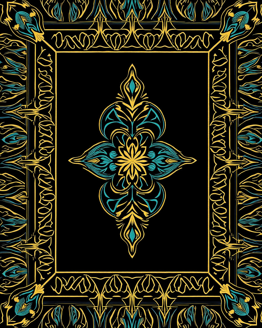 Elaborate Gold Turquoise Floral Pattern Rug