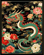 Vibrant Dragon with Peony Floral Pattern Rug