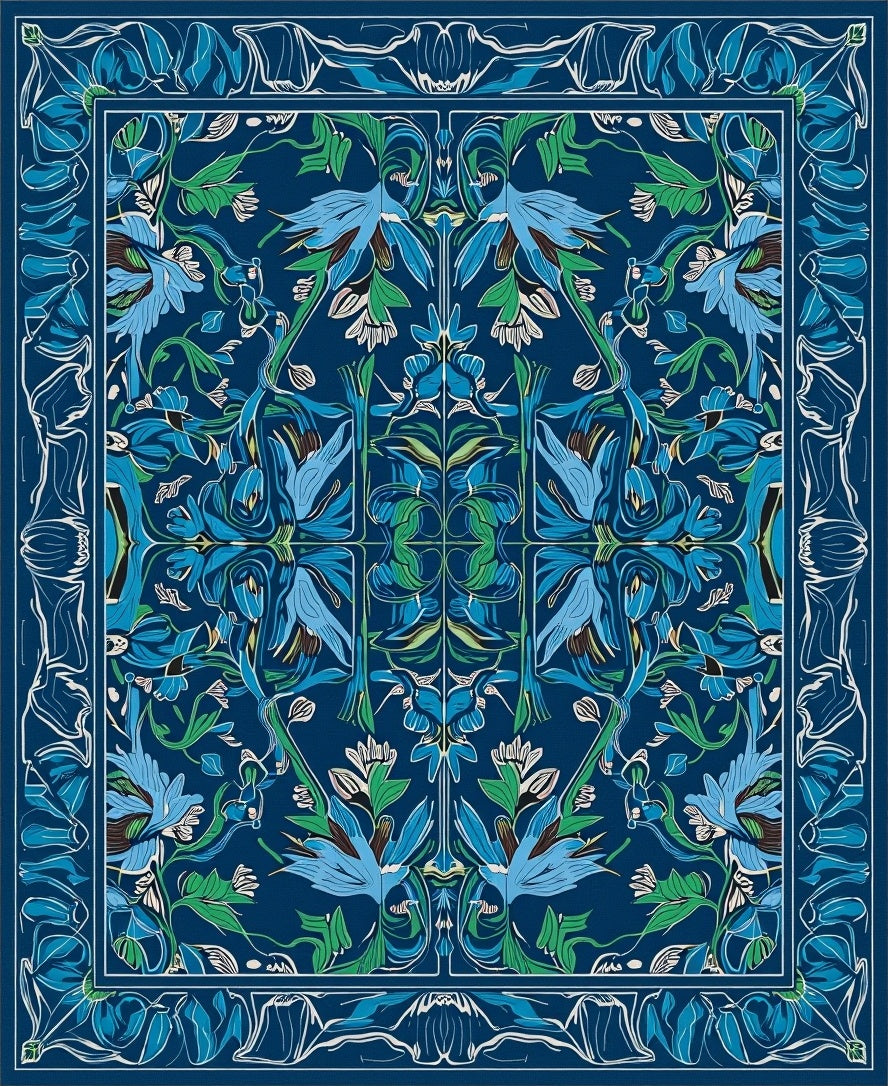 Art Nouveau Floral Symmetry Deep Blue Rug