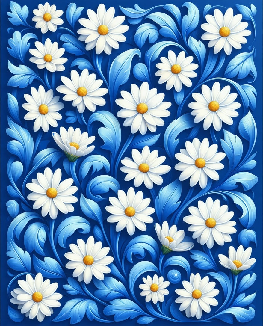 White Daisy Floral Blue Background Rug