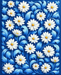 White Daisy Floral Blue Background Rug