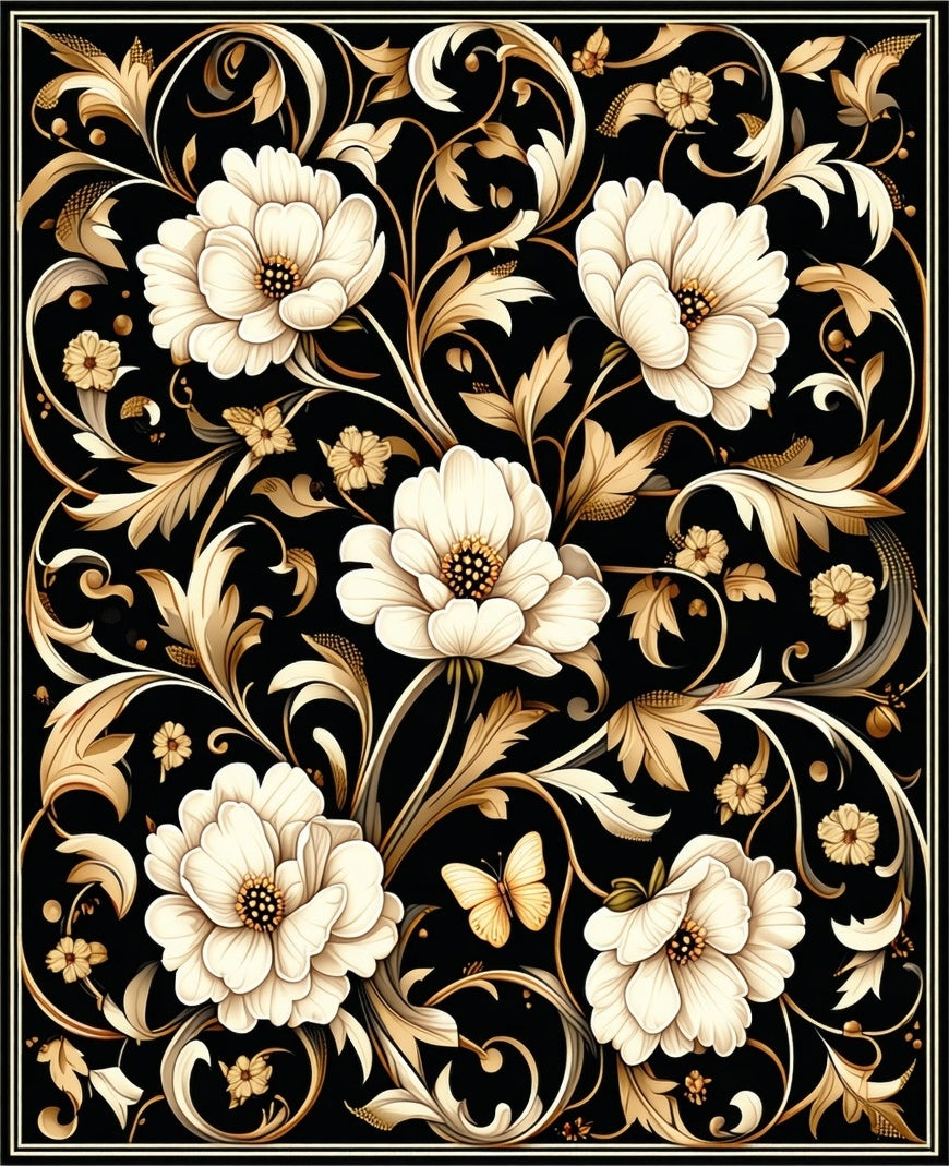 Elegant Floral Scrollwork With Butterfly Accent Rug