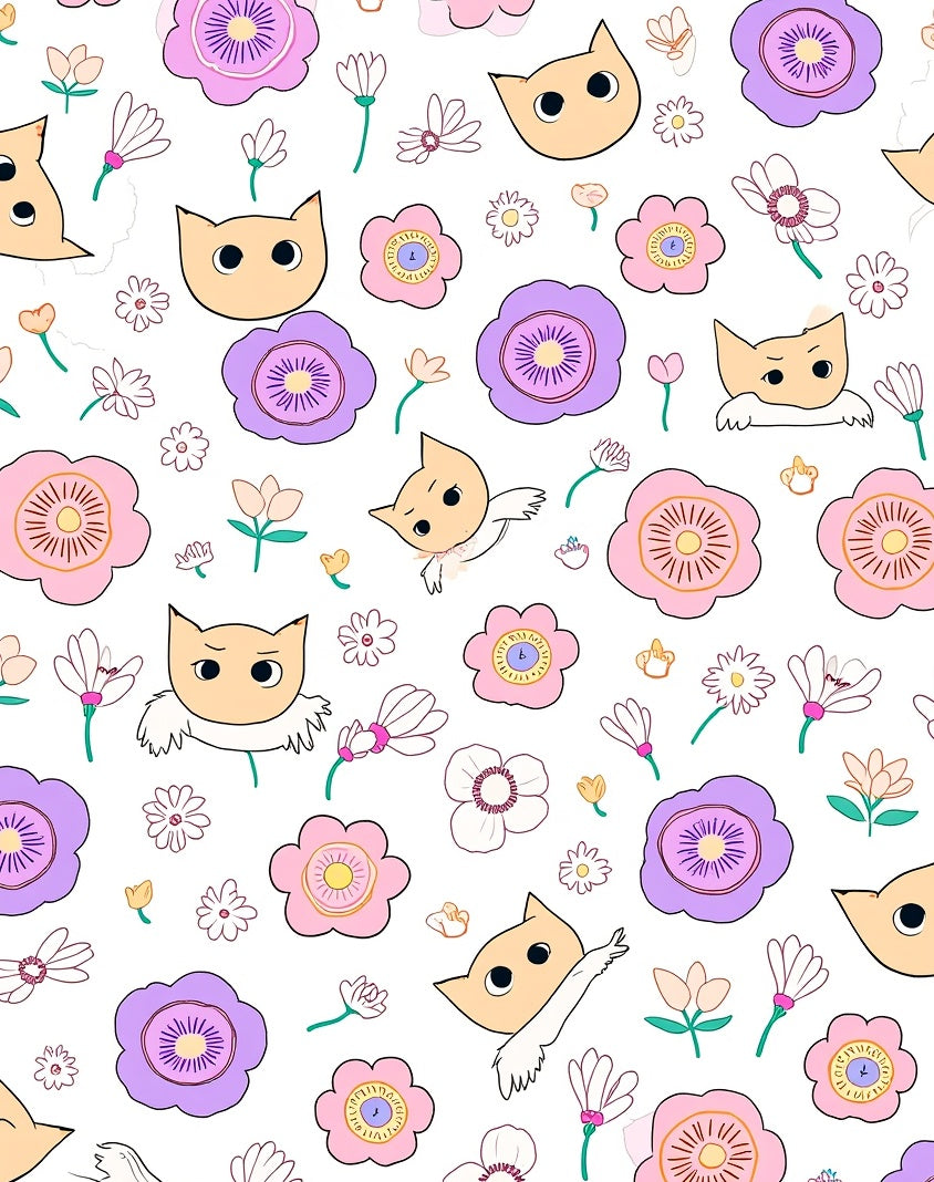 Whimsical Cat Flower Garden Pattern Rug